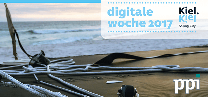 Logo of Digital Week Kiel and a ship deck with the view over the ocean.